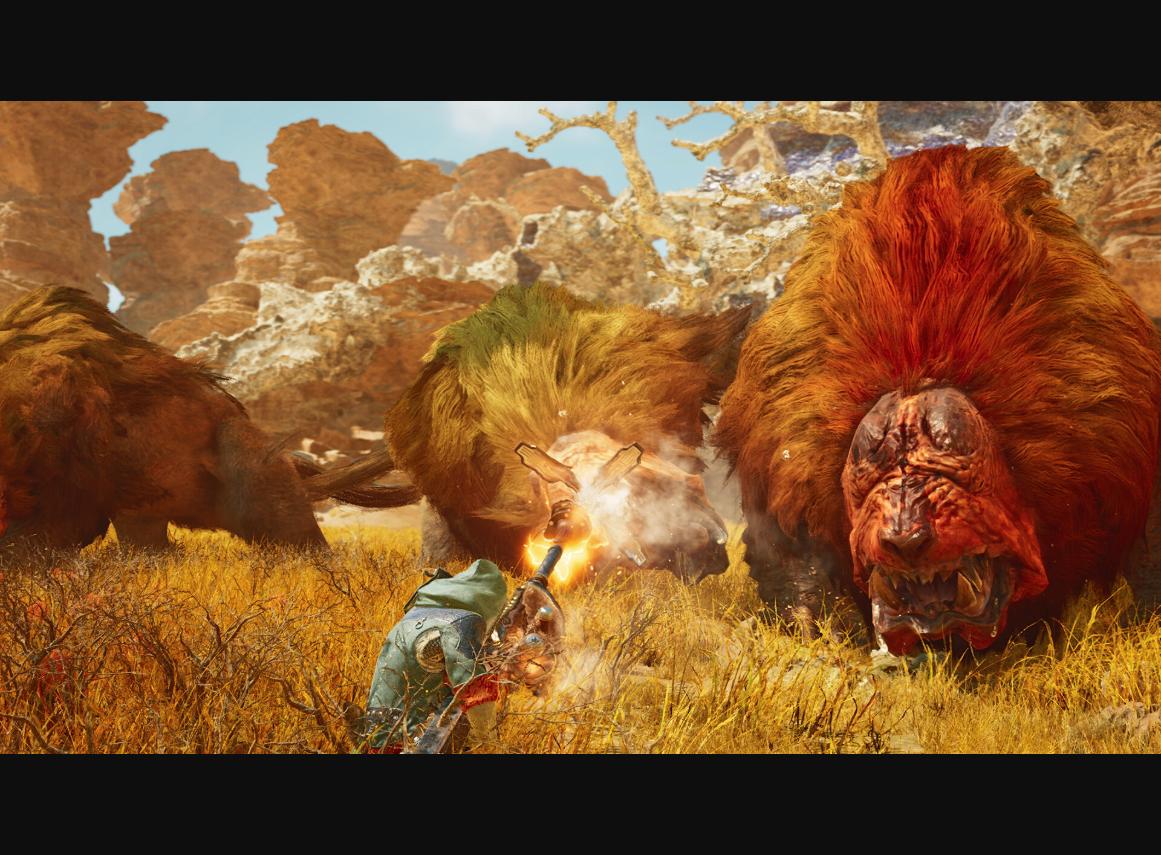 Monster Hunter Wilds - Cazador enfrentando a una manada de Doshaguma en la Ciénaga Prohibida - Juegosrpg.com