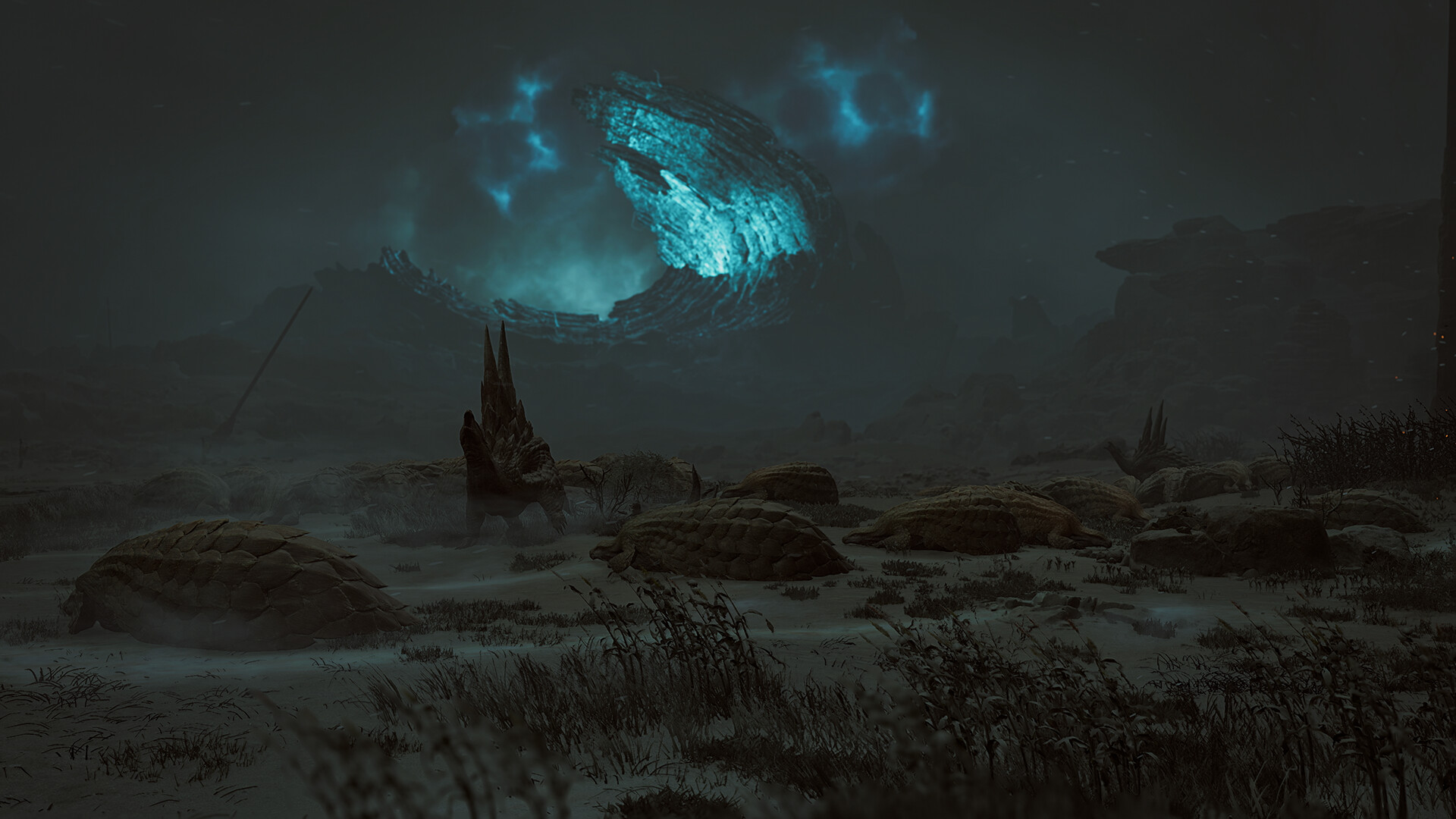 Monster Hunter Wilds - Paisaje nocturno con un fenómeno atmosférico sobre la llanura - Juegosrpg.com
