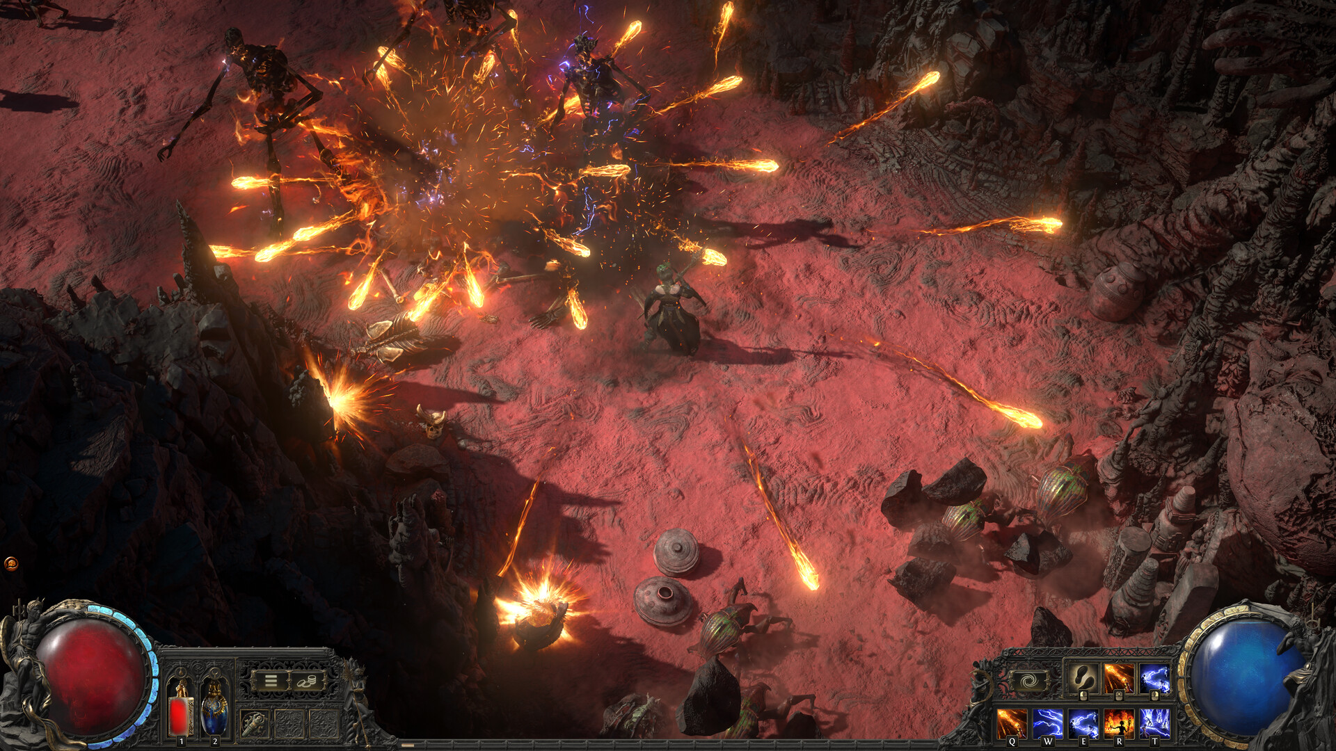 Path of Exile 2 - Combate contra una horda de enemigos con efectos elementales en pantalla - Juegosrpg.com