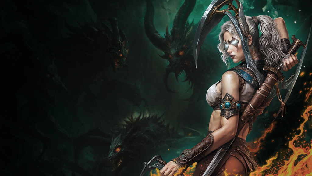 Sacred 2 Remaster - Ilustracion oficial de la protagonista con guadañas ante criaturas de Ancaria - Juegosrpg.com