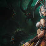 Sacred 2 Remaster - Ilustracion oficial de la protagonista con guadañas ante criaturas de Ancaria - Juegosrpg.com