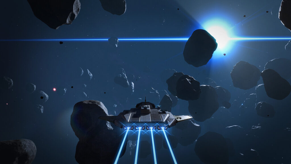 SpaceCraft - Nave junto a un campo de asteroides frente a una estrella brillante - Juegosrpg.com