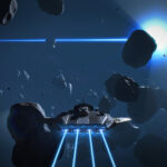SpaceCraft - Nave junto a un campo de asteroides frente a una estrella brillante - Juegosrpg.com