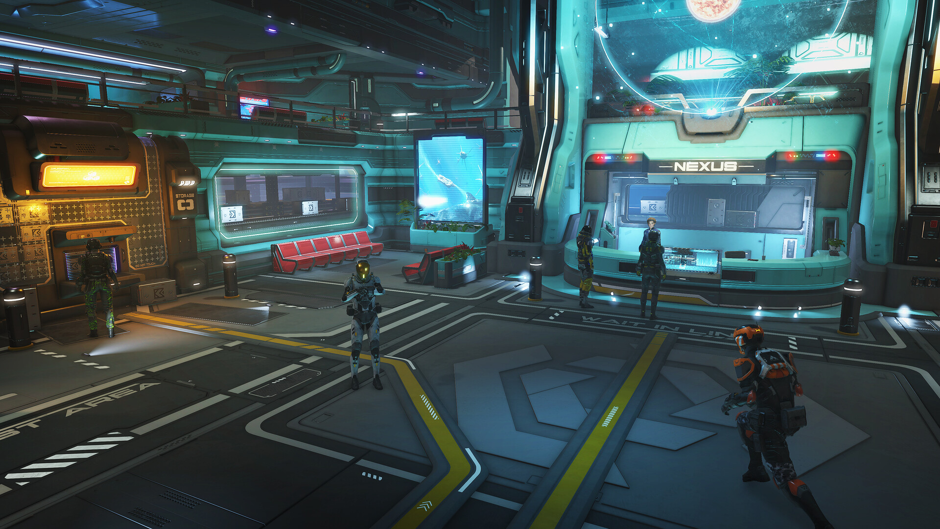 SpaceCraft - Hub social Nexus con varios jugadores reunidos junto a los puestos de comercio - Juegosrpg.com