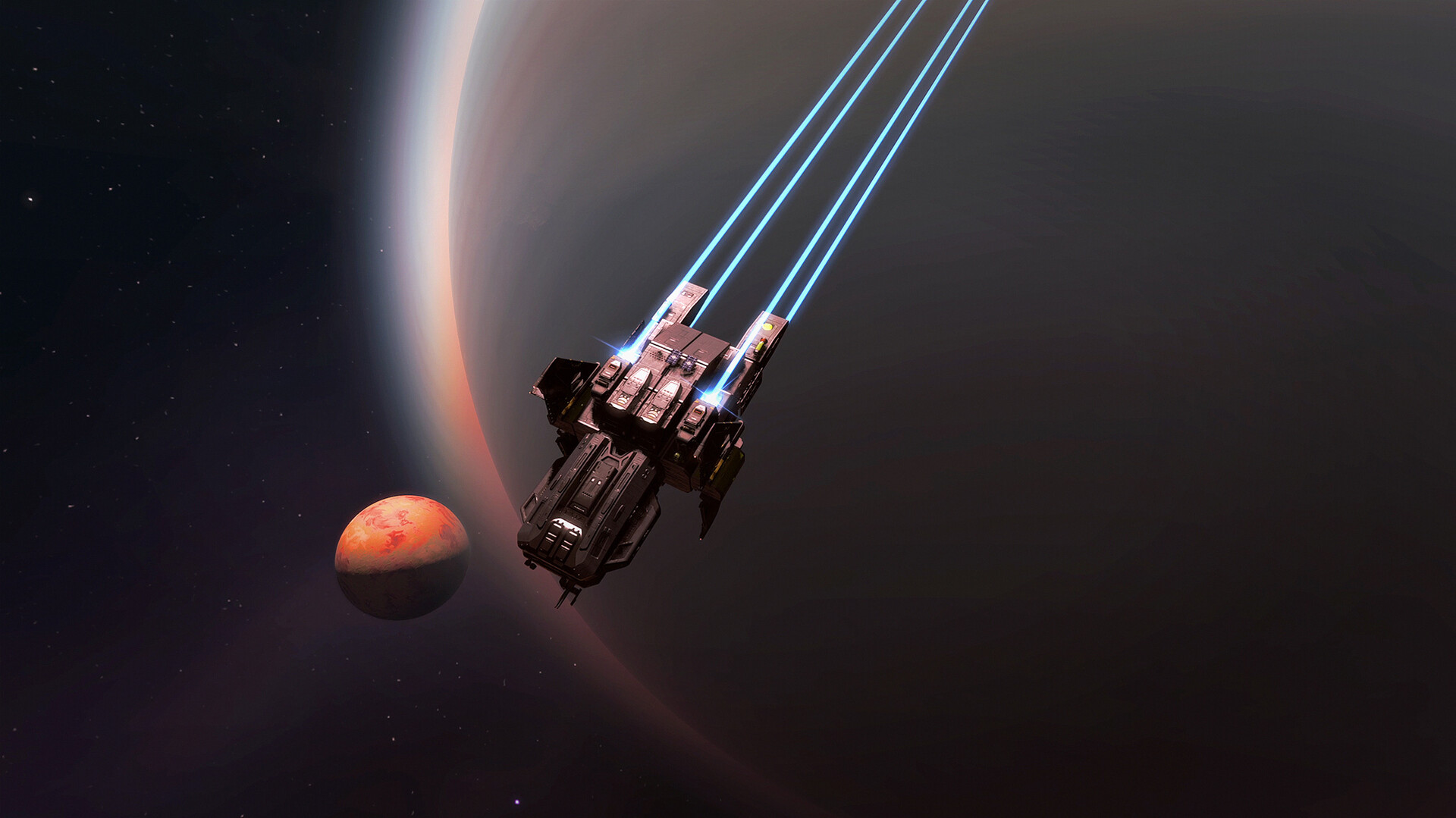 SpaceCraft - Nave abandonando la órbita de un planeta con anillos y una luna cercana - Juegosrpg.com