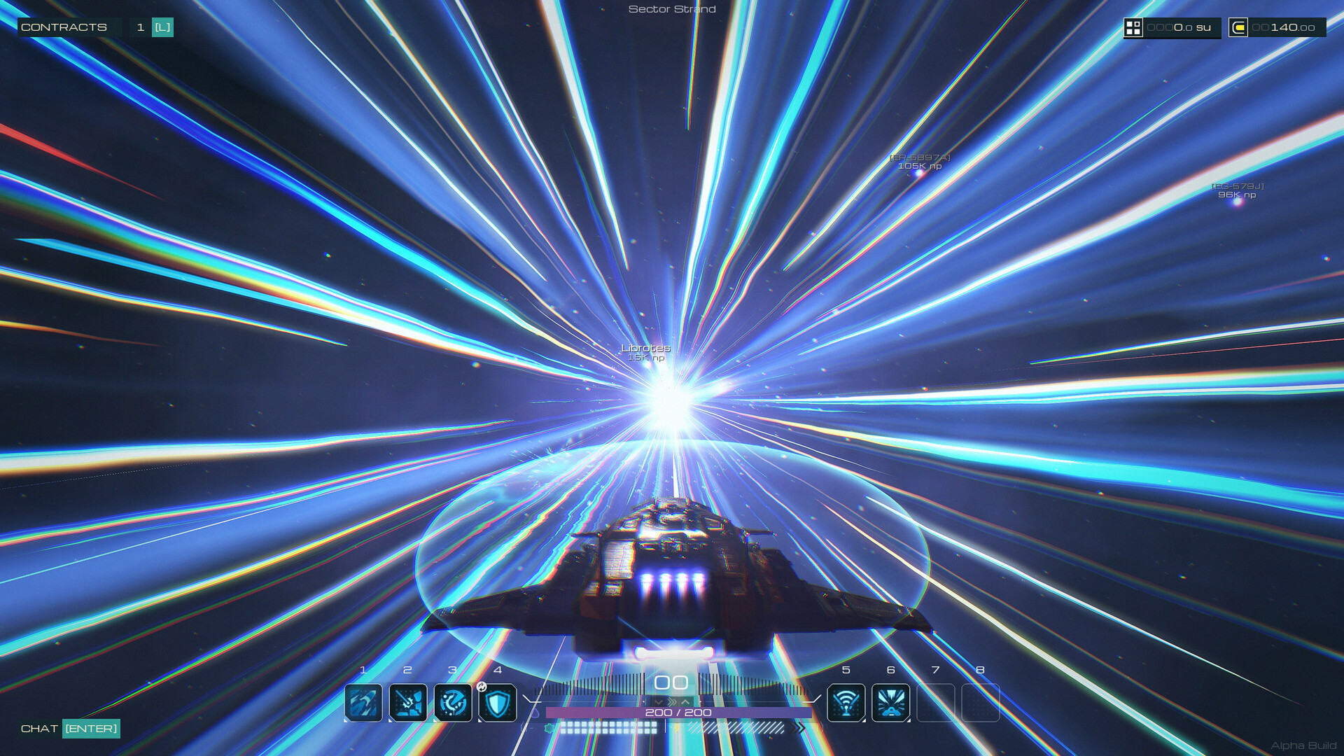 SpaceCraft - Nave realizando un salto FTL a través del hiperespacio con el HUD visible - Juegosrpg.com