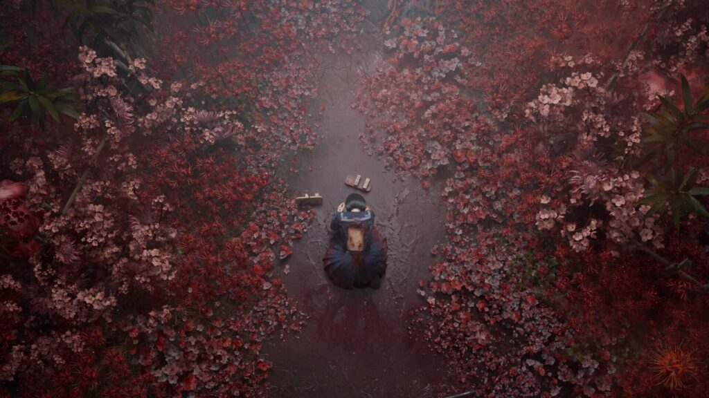 Silent Hill f - sendero cubierto de flores rojas visto desde arriba - Juegosrpg.com
