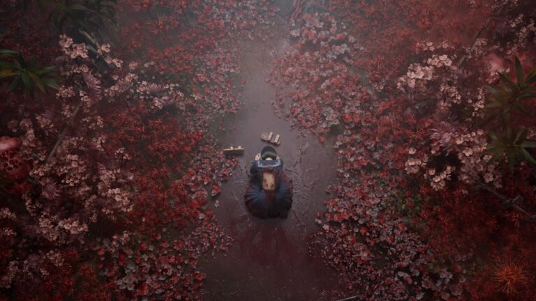 Silent Hill f - sendero cubierto de flores rojas visto desde arriba - Juegosrpg.com