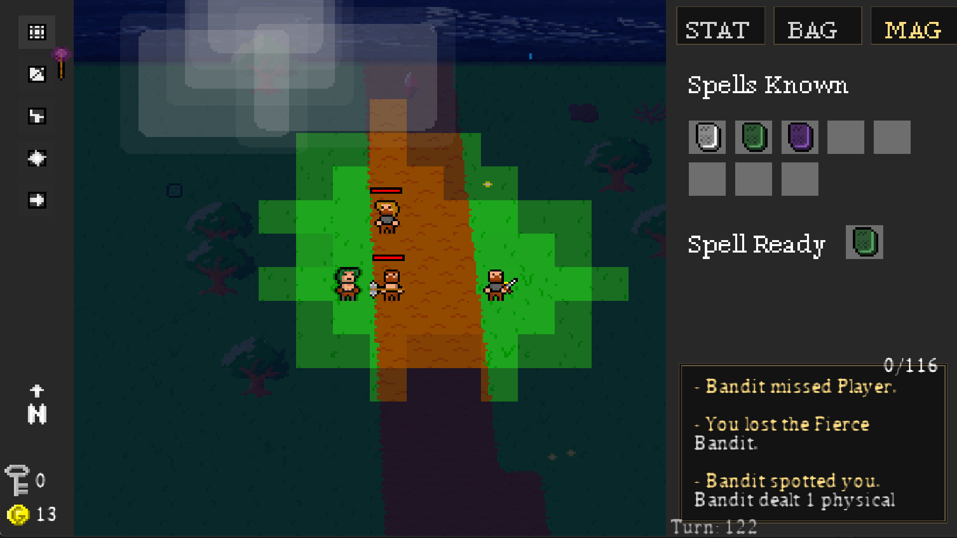 Dungeon Crawl 94: What Was Taken - un bandido y otros enemigos se acercan por un camino de noche - Juegosrpg.com