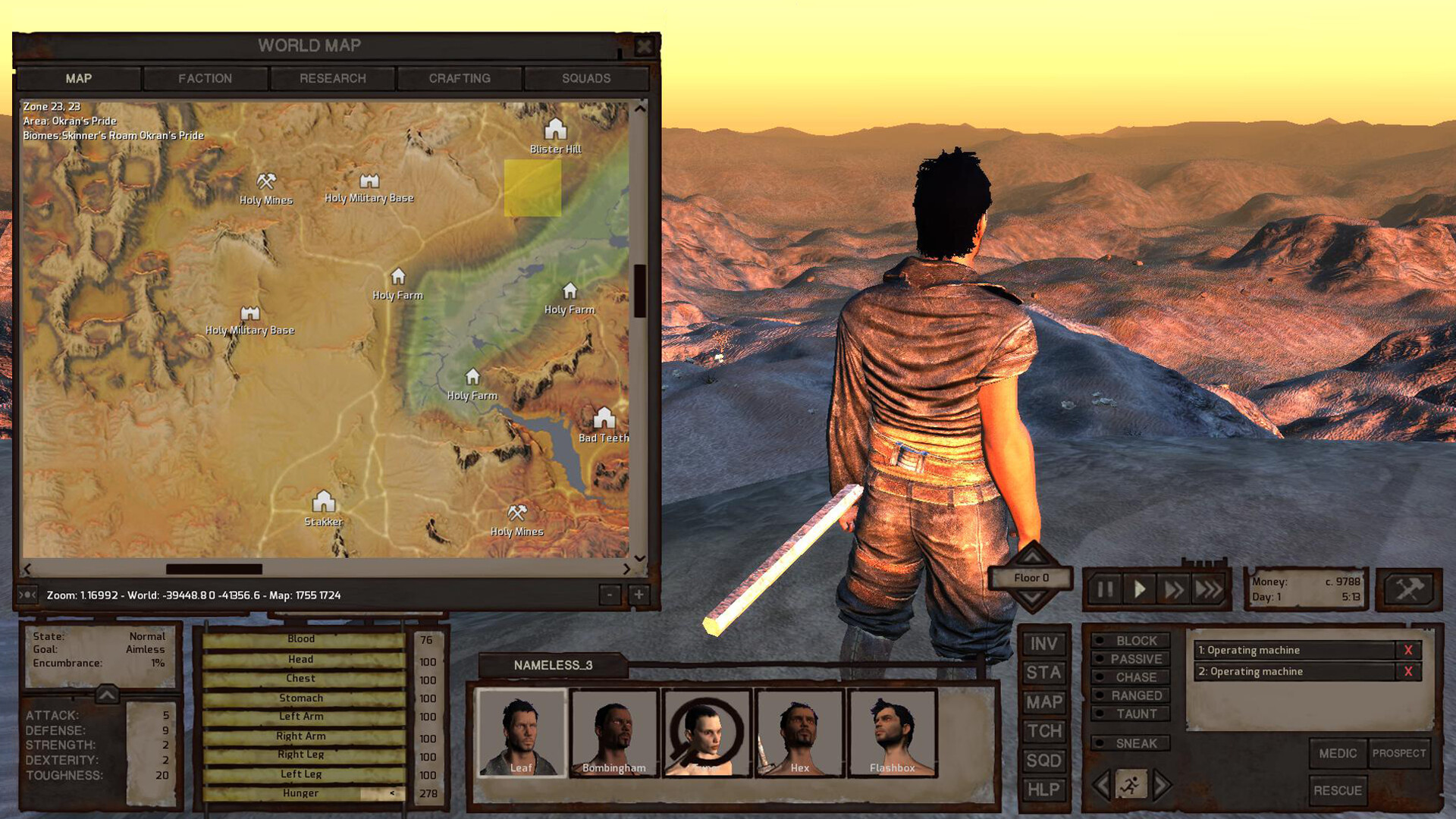 Kenshi - mapa del mundo y escuadra de personajes en un paisaje desértico - Juegosrpg.com