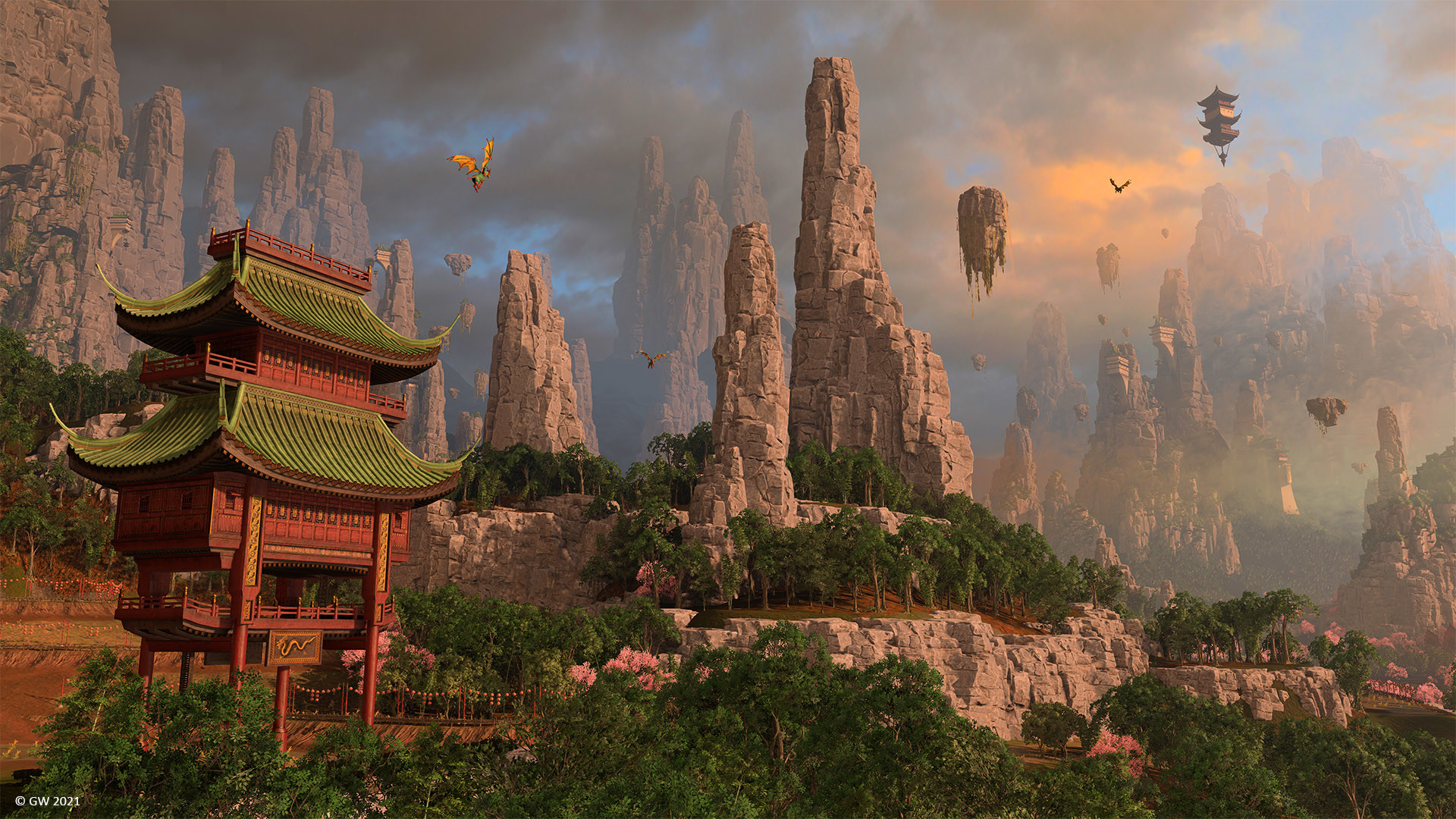 Total War: Warhammer III - Paisaje de Cathay con pagoda - Juegosrpg.com