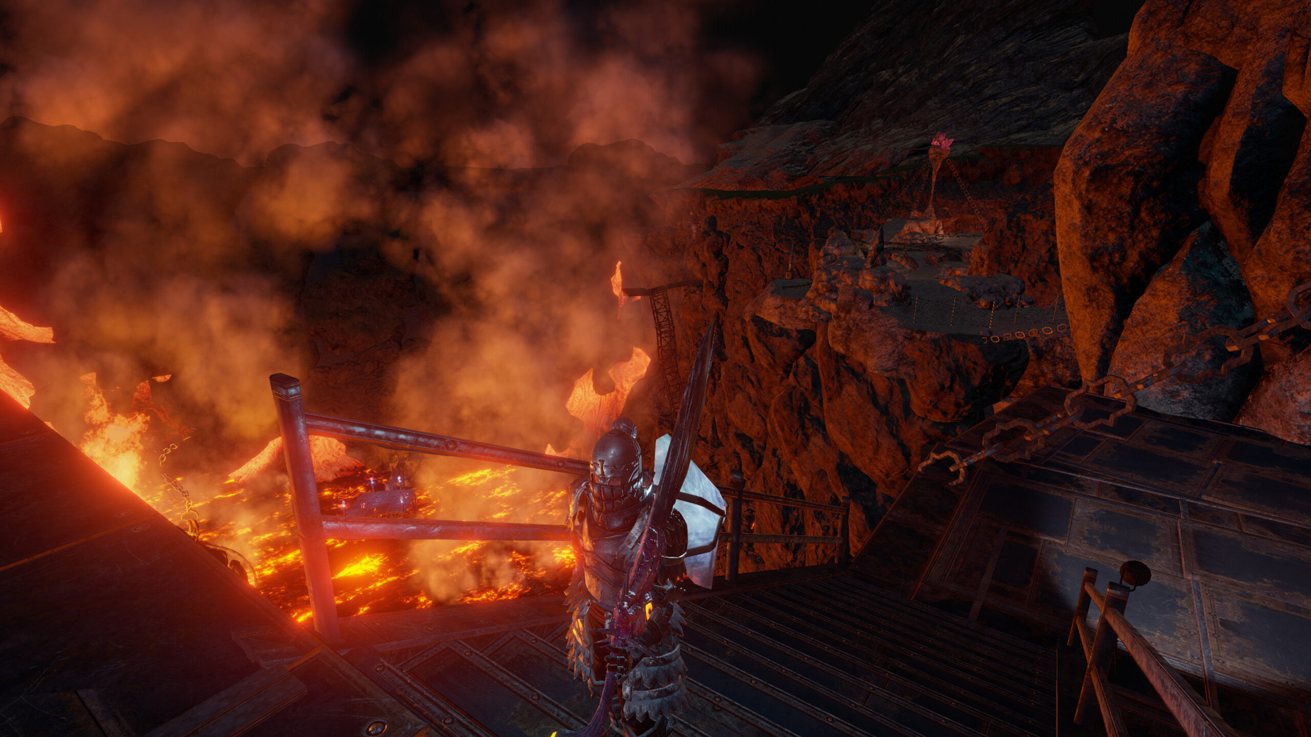 Outward - aventurero de armadura ante una zona de lava y fuego - Juegosrpg.com