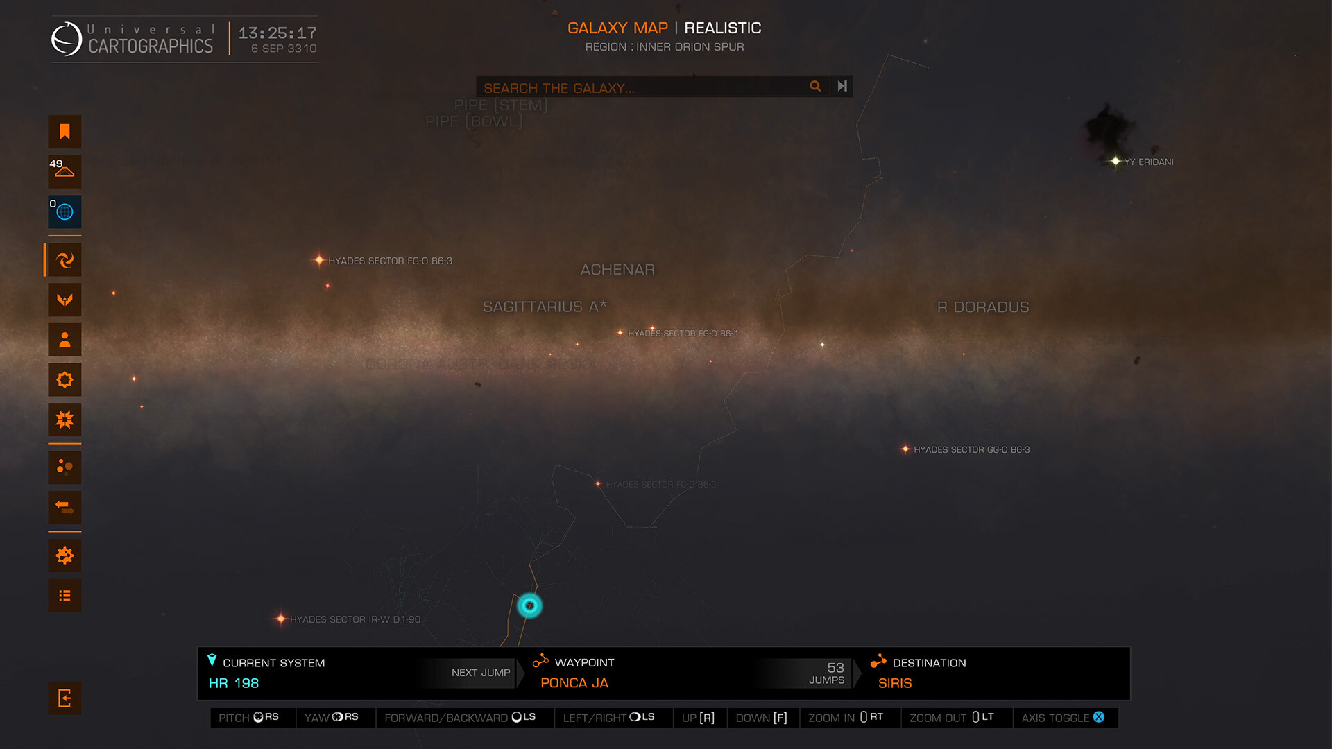 Elite Dangerous - mapa de la galaxia con la ruta de salto marcada - Juegosrpg.com