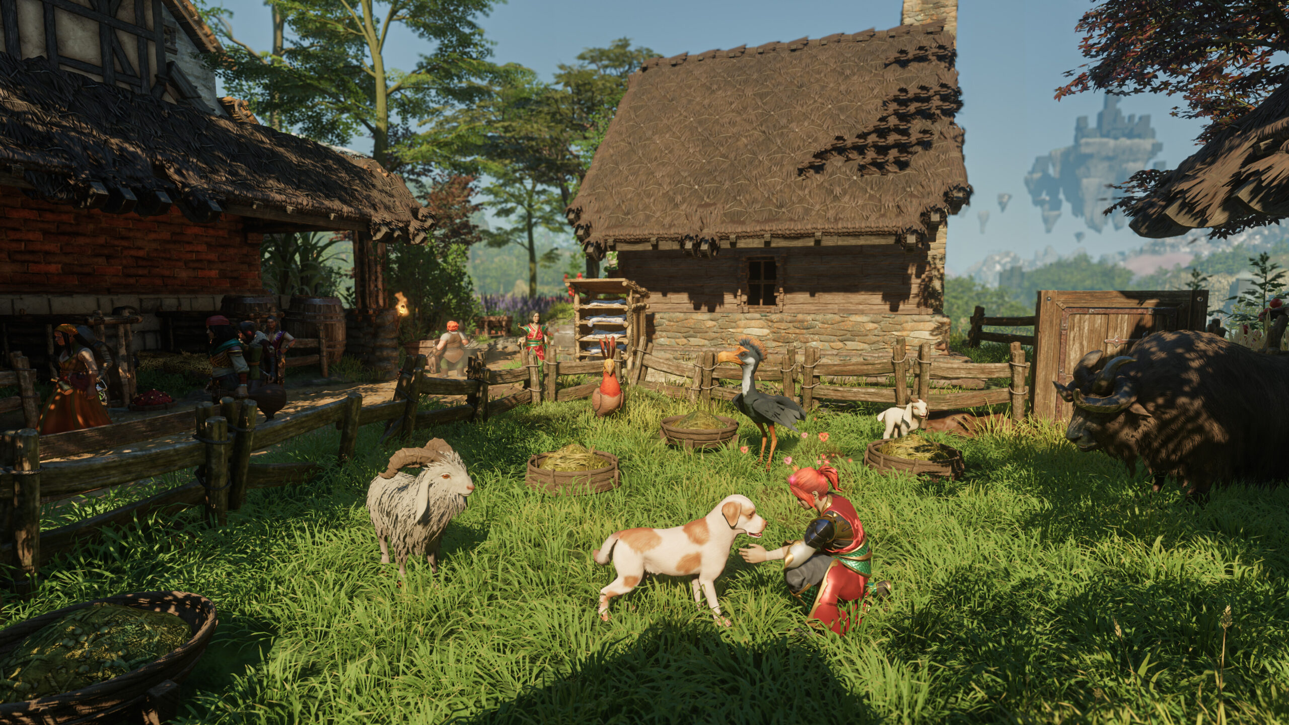 Enshrouded - aldea con casa, animales y un jugador atendiendo a un perro - Juegosrpg.com