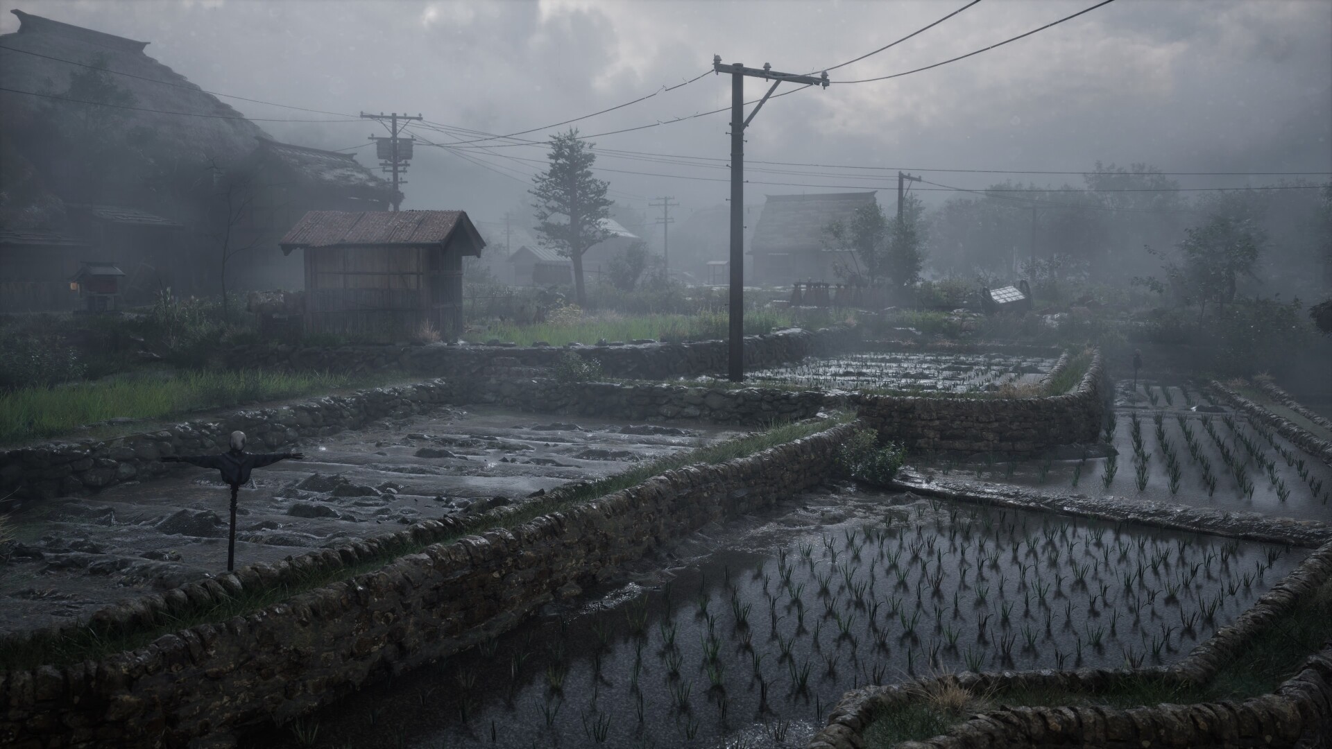 Silent Hill f - arrozales entre la niebla junto a un espantapájaros - Juegosrpg.com