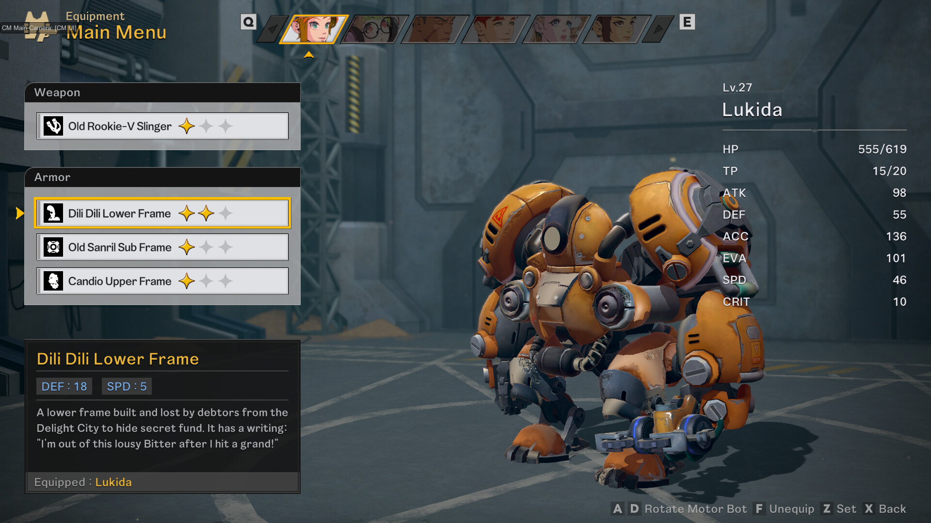 STARBITES - menú de equipamiento del Motorbot de Lukida - Juegosrpg.com