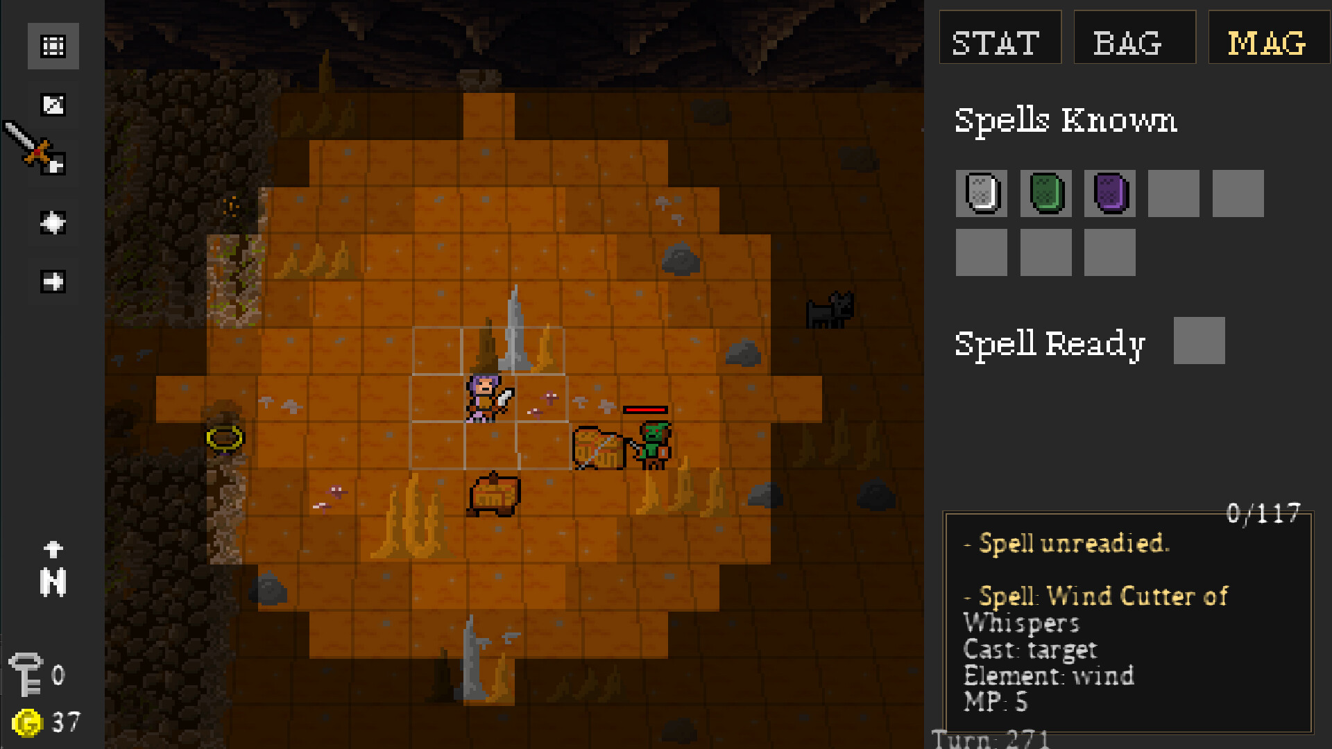 Dungeon Crawl 94: What Was Taken - la pestaña de magia con hechizos conocidos en una cueva naranja - Juegosrpg.com