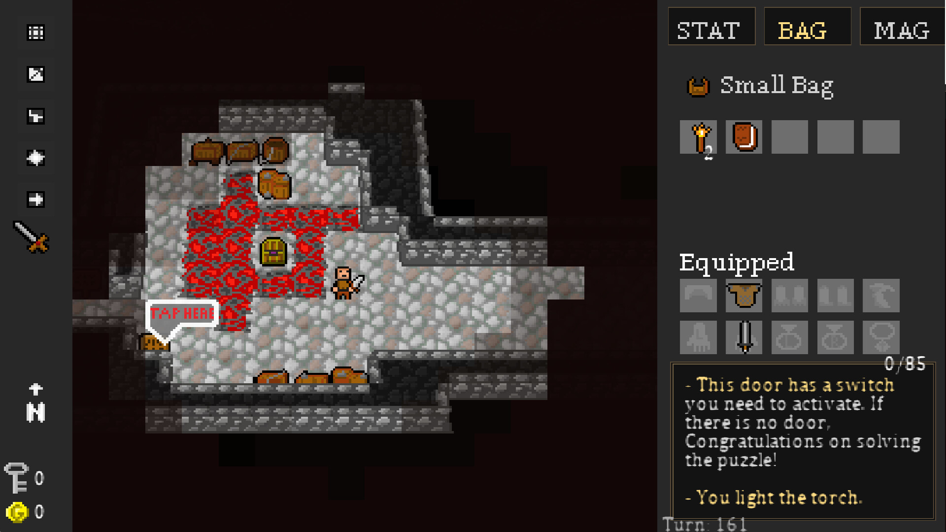 Dungeon Crawl 94: What Was Taken - una sala de cueva con suelo rojo, cofres y un puzle de puerta - Juegosrpg.com