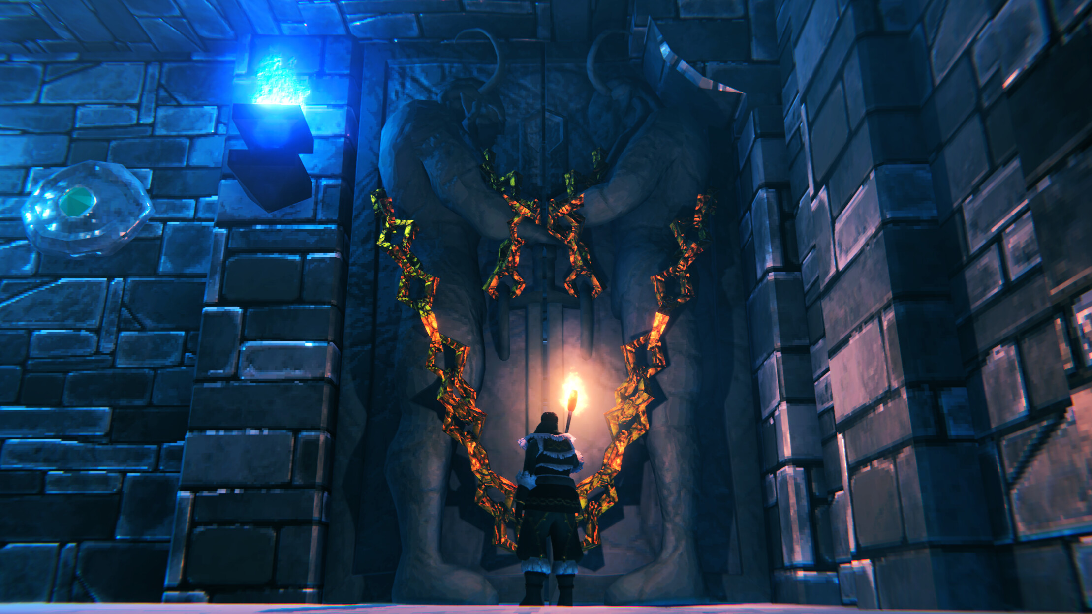 Valheim - guerrero con antorcha ante una puerta de piedra con cadenas - Juegosrpg.com