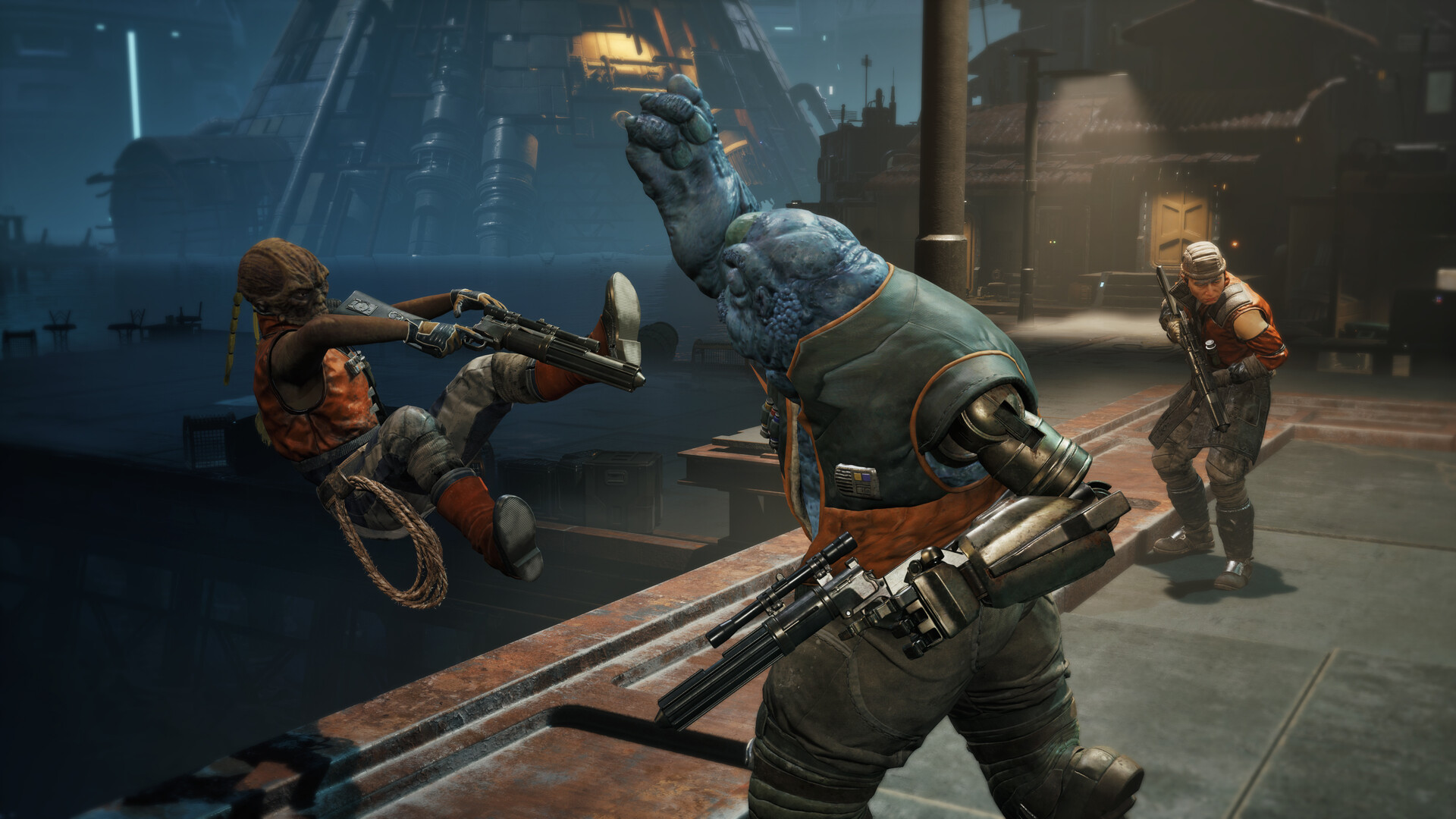 Star Wars Zero Company - escena de acción con un mercenario lanzándose contra un enemigo - Juegosrpg.com