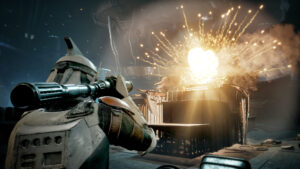 Star Wars Zero Company - soldado clon disparando un lanzacohetes ante una gran explosión - Juegosrpg.com