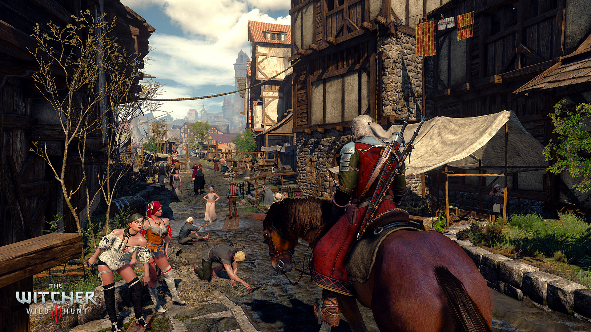 The Witcher 3: Wild Hunt - Geralt a caballo por las calles de una ciudad, donde suelen venderse ingredientes de alquimia - Juegosrpg.com