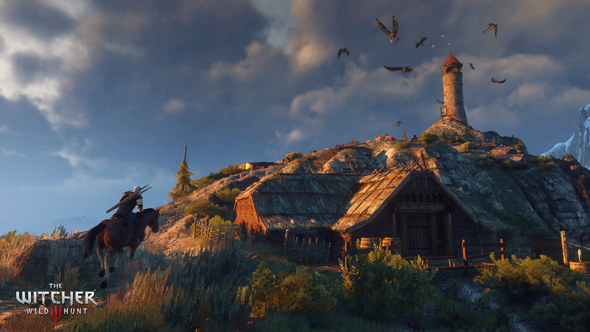 The Witcher 3: Wild Hunt - Geralt acercandose a una torre vigilada por arpías voladoras - Juegosrpg.com