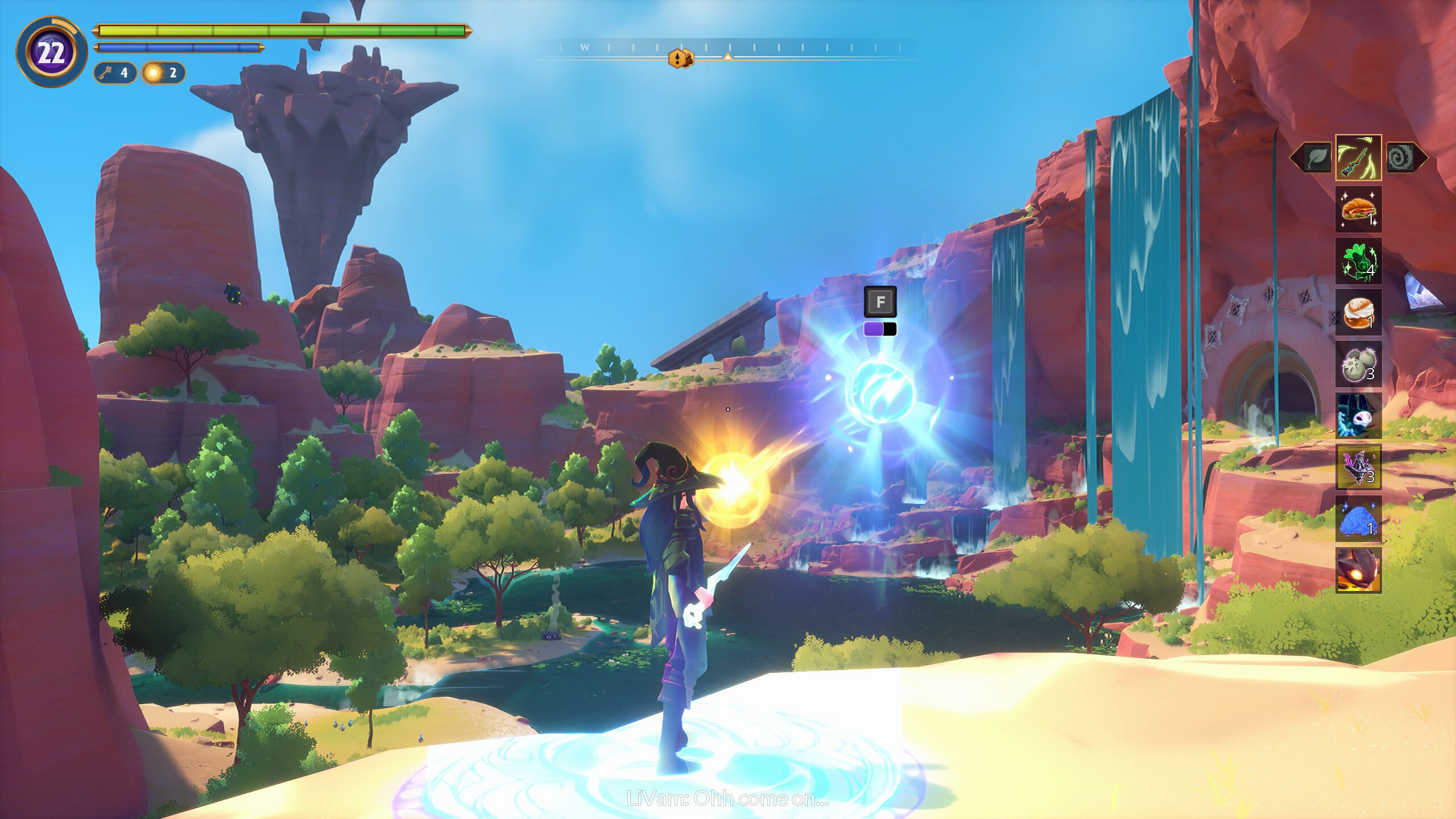 Witchspire - Combate mágico junto a una cascada en un cañón - Juegosrpg.com