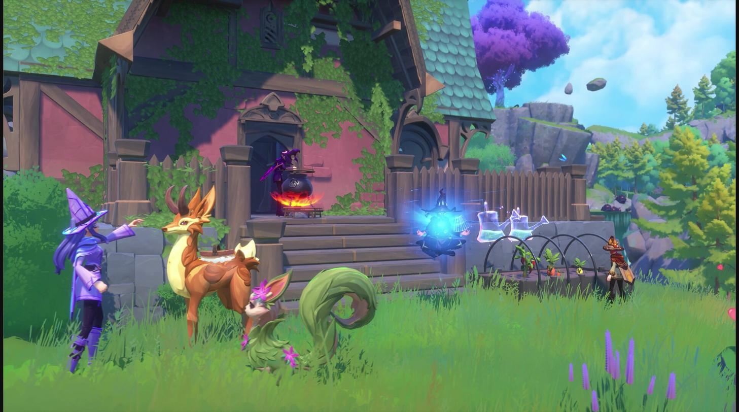 Witchspire - bruja con sus familiares junto a la cabaña - Juegosrpg.com