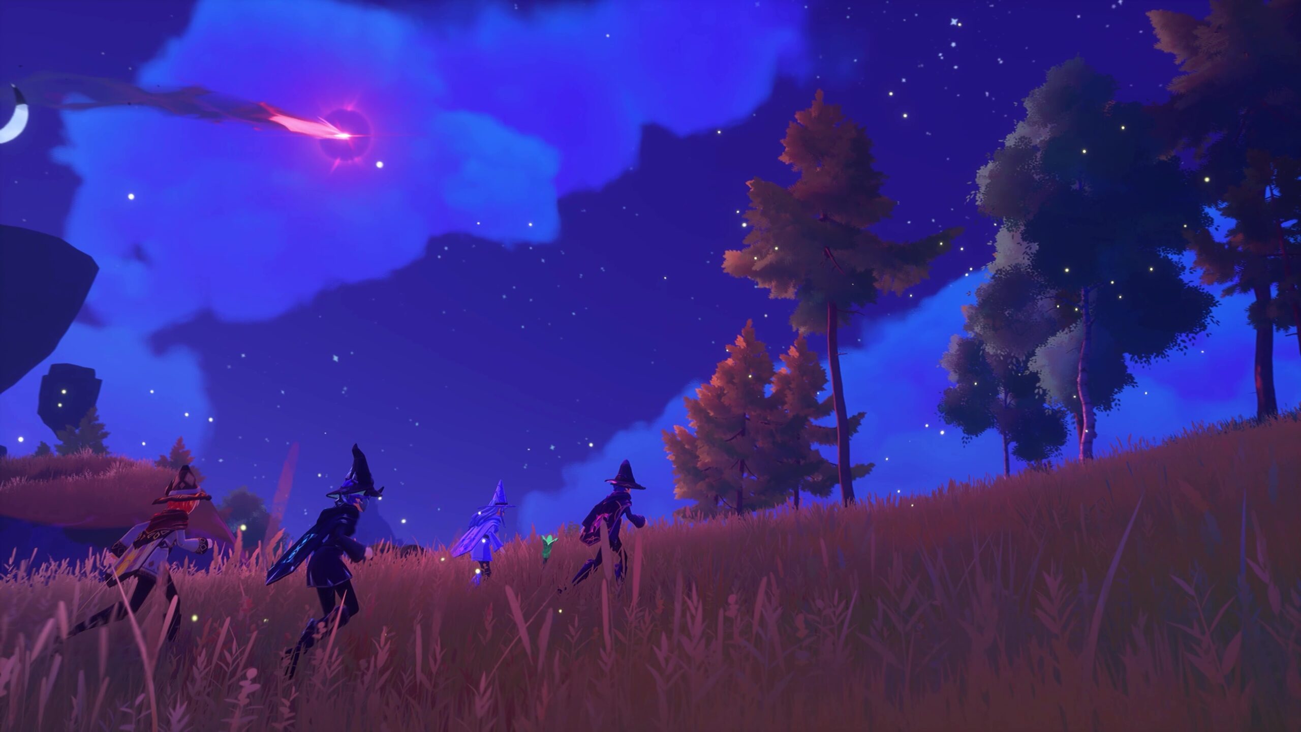 Witchspire - Grupo de brujas observando un cometa durante la noche - Juegosrpg.com