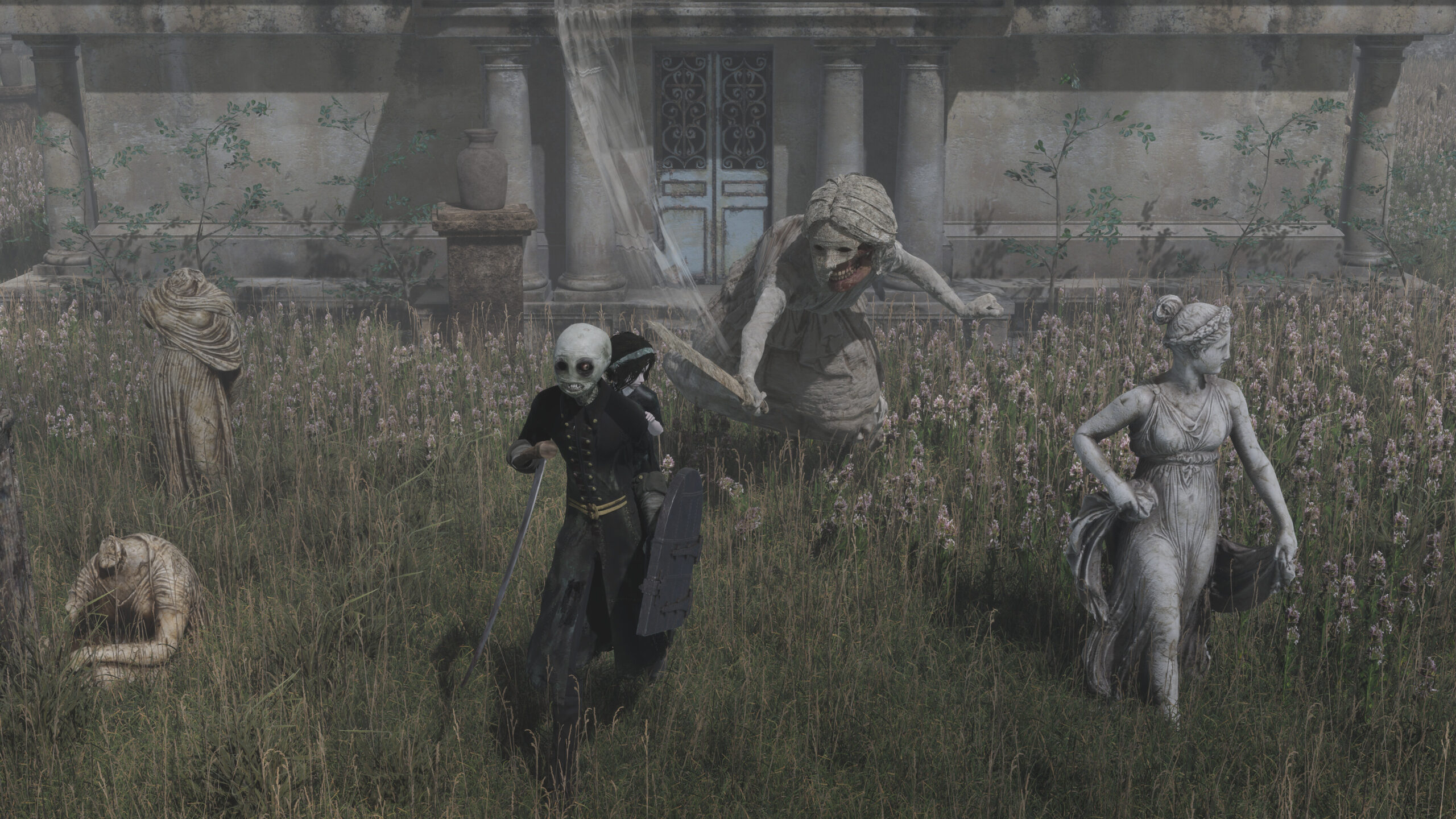 Withering Realms - Clover y su muñeca guardiana entre estatuas y enemigos esqueléticos en un jardín en ruinas - Juegosrpg.com