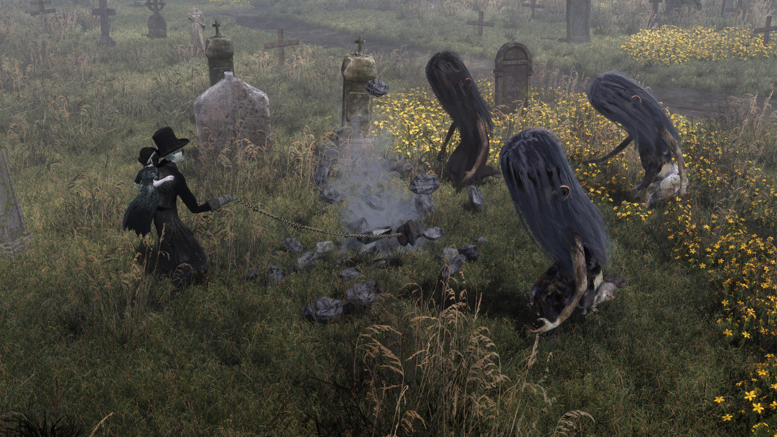 Withering Realms - Clover y la muñeca guardiana enfrentando criaturas en un cementerio con niebla - Juegosrpg.com