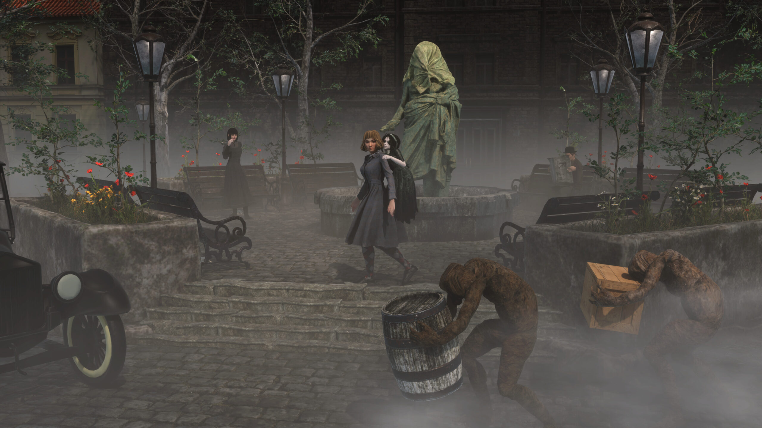 Withering Realms - Althea junto a la muñeca guardiana en la plaza en penumbra del pueblo de Penwyll - Juegosrpg.com
