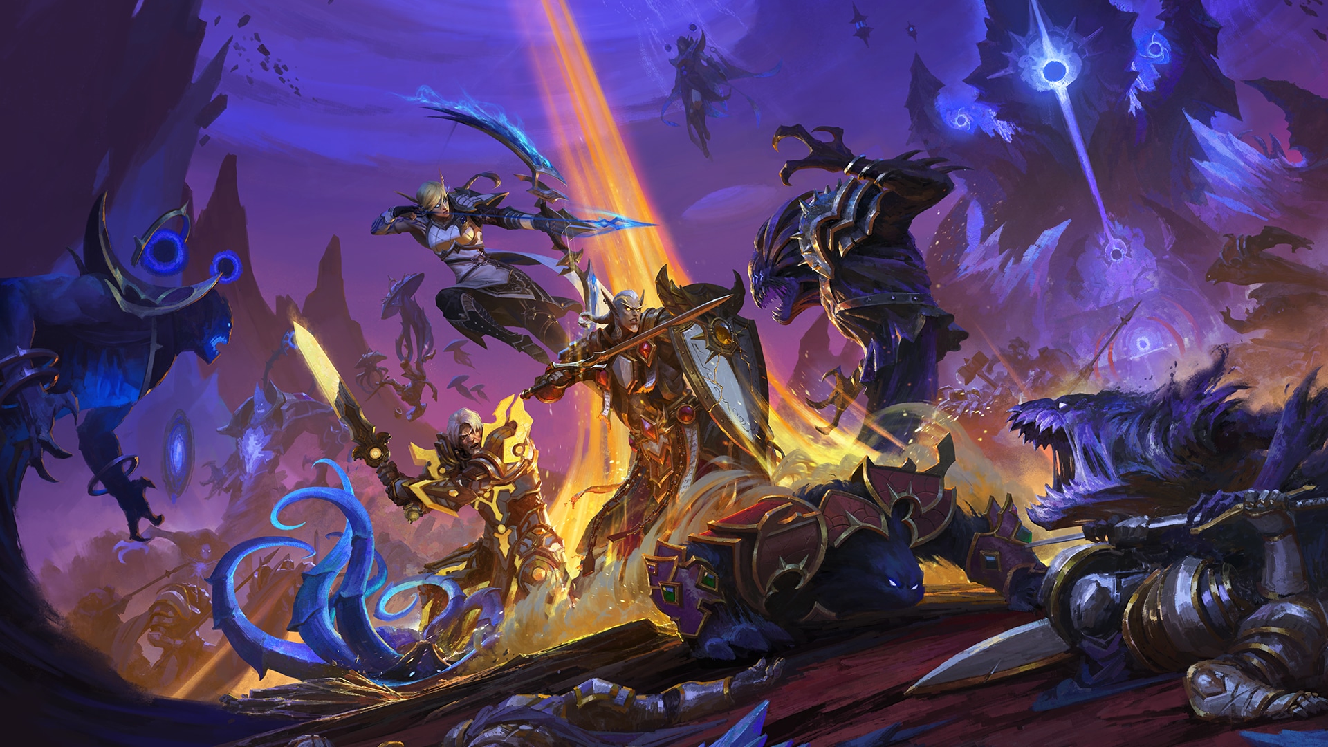 World of Warcraft Midnight - arte oficial de elfos de sangre y defensores combatiendo contra criaturas del Vacío - Juegosrpg.com