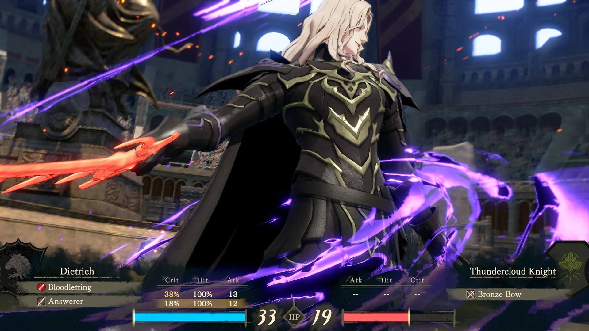 Fire Emblem: Fortune's Weave - Dietrich lanzando un ataque con magia oscura - Juegosrpg.com