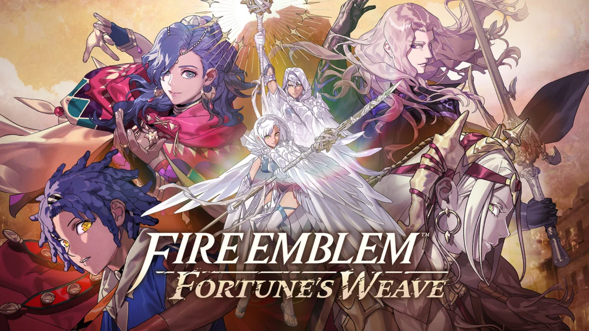 Fire Emblem: Fortune's Weave - Ilustración oficial con los cuatro héroes y el logotipo - Juegosrpg.com
