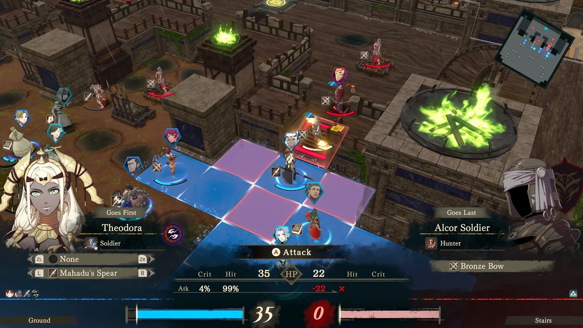 Fire Emblem: Fortune's Weave - Theodora planificando un ataque en el mapa táctico - Juegosrpg.com