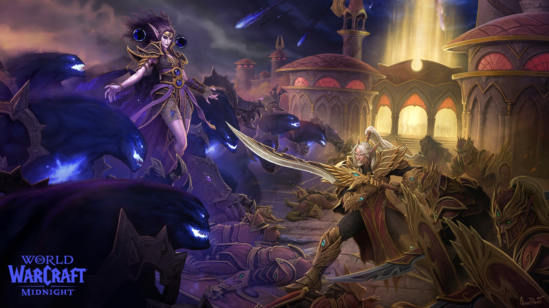 World of Warcraft Midnight - Xal'atath frente a un guerrero elfo de sangre en arte oficial - Juegosrpg.com