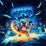Minecraft Dungeons II - arte oficial con los héroes saltando al ataque en una mazmorra - Juegosrpg.com