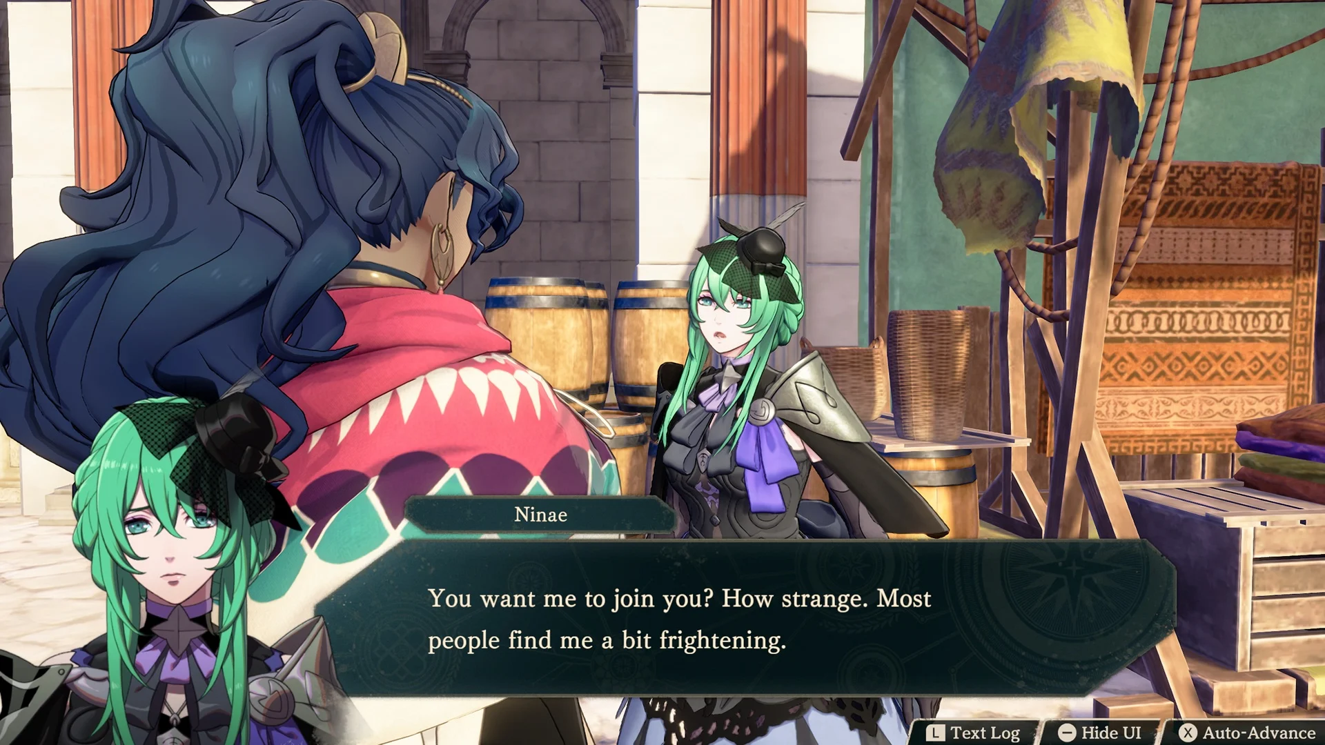 Fire Emblem: Fortune's Weave - Conversación de reclutamiento con Ninae en Dagsion - Juegosrpg.com