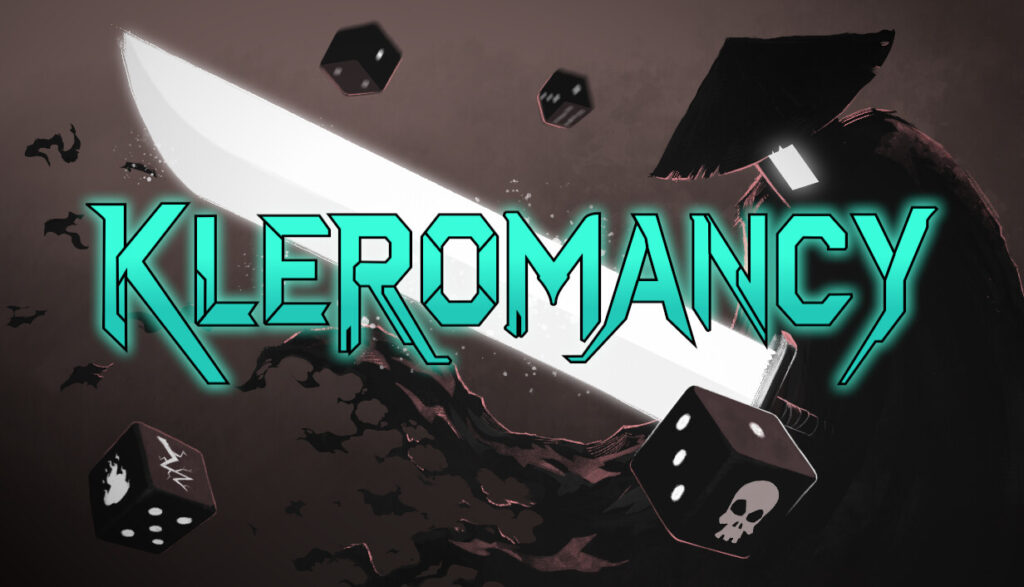 Kleromancy - arte oficial con el logo, una espada brillante y dados oscuros - Juegosrpg.com