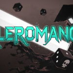 Kleromancy - arte oficial con el logo, una espada brillante y dados oscuros - Juegosrpg.com