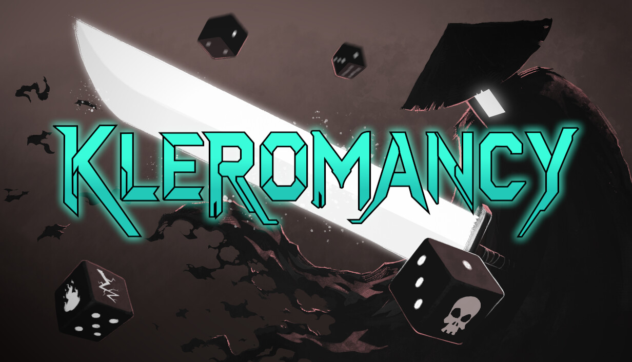 Kleromancy - arte oficial con el logo, una espada brillante y dados oscuros - Juegosrpg.com