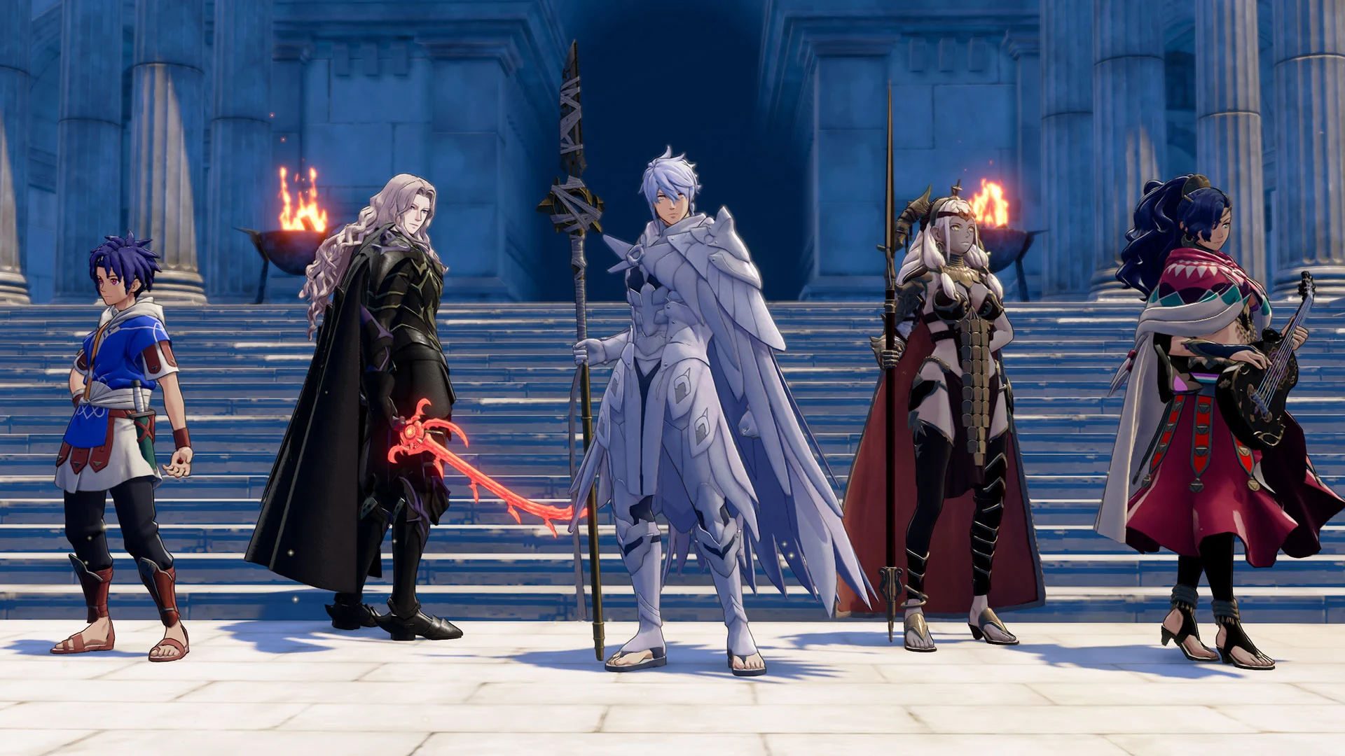 Fire Emblem: Fortune's Weave - Cai, Dietrich, Leda y Theodora en las escaleras del coliseo - Juegosrpg.com