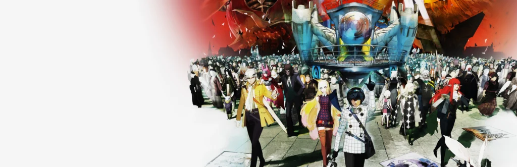 Metaphor: ReFantazio - arte oficial con el protagonista y sus aliados ante la multitud - Juegosrpg.com