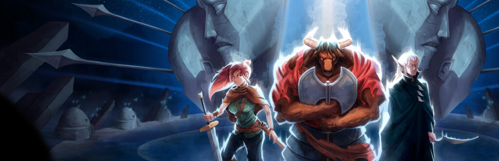 Dimraeth - arte oficial con el minotauro, la humana y el elfo protagonistas - Juegosrpg.com