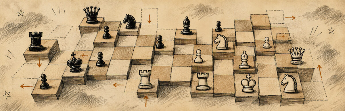 Shift Chess - ilustración oficial de piezas de ajedrez sobre un tablero que se desplaza - Juegosrpg.com