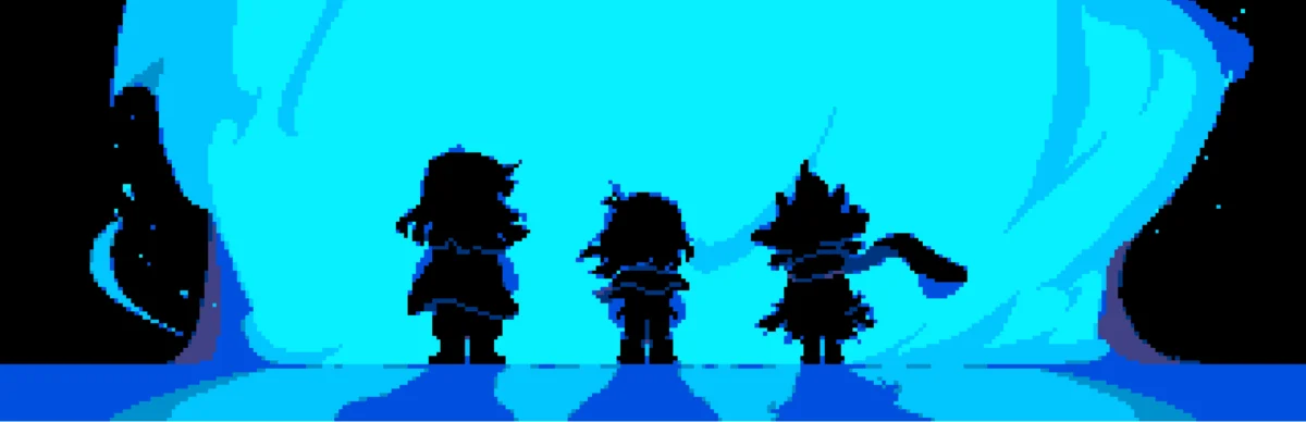 Deltarune - Kris, Susie y Ralsei de espaldas ante una gran luz azul - Juegosrpg.com