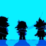 Deltarune - Kris, Susie y Ralsei de espaldas ante una gran luz azul - Juegosrpg.com