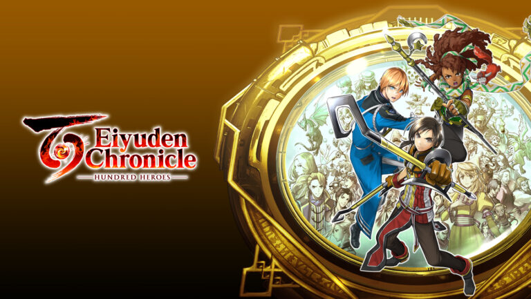 Eiyuden Chronicle Hundred Heroes - arte oficial con los protagonistas ante un reloj dorado - Juegosrpg.com